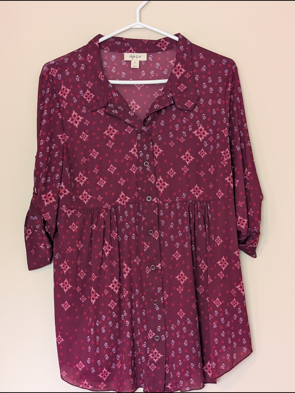 Style & Co. Burgundy Floral Button-Front Peplum Blouse, Size Lg